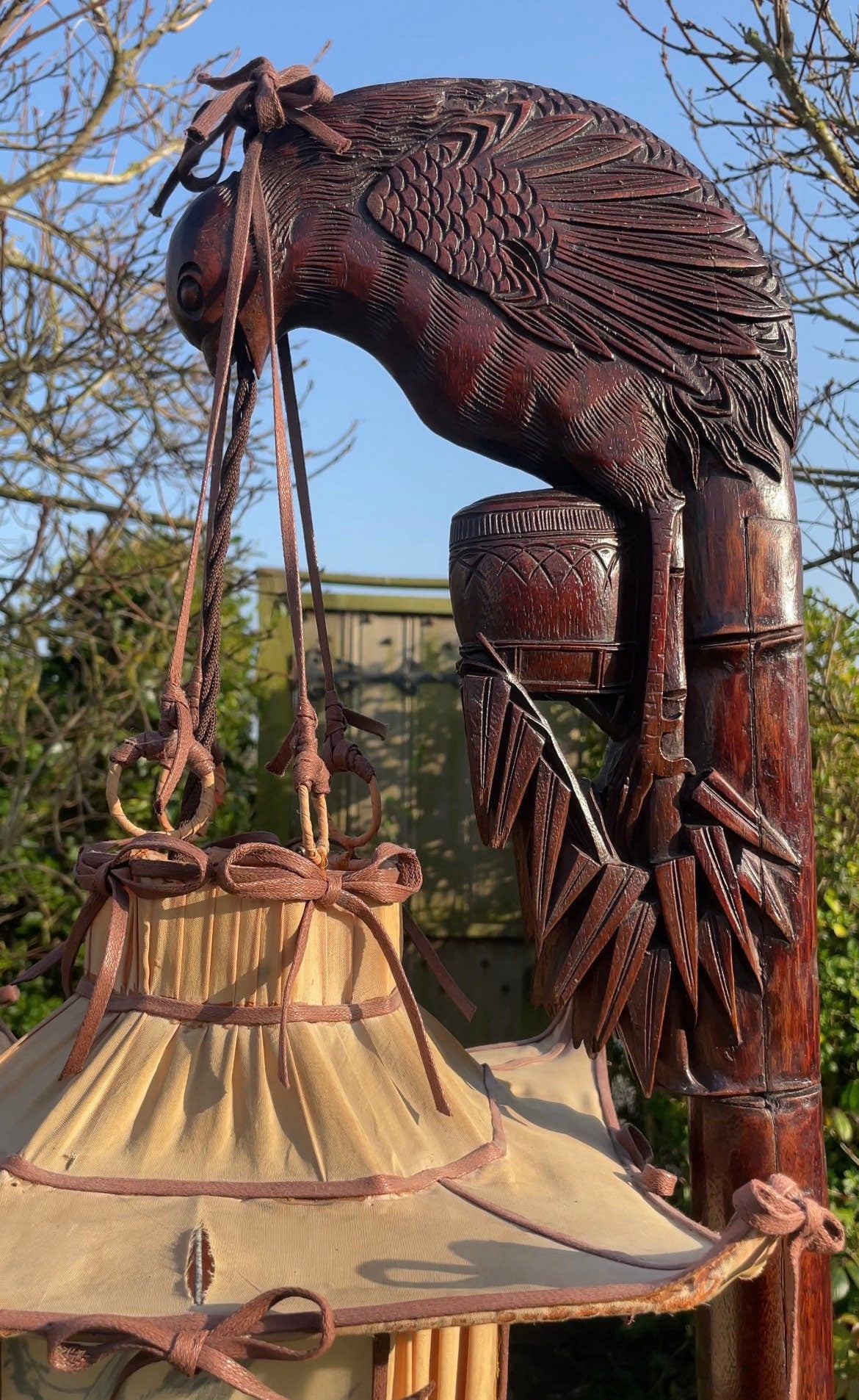 Antique Chinese Carved Hardwood Standard Bird Lamp With Original Silk Pedoga Shade 1920's