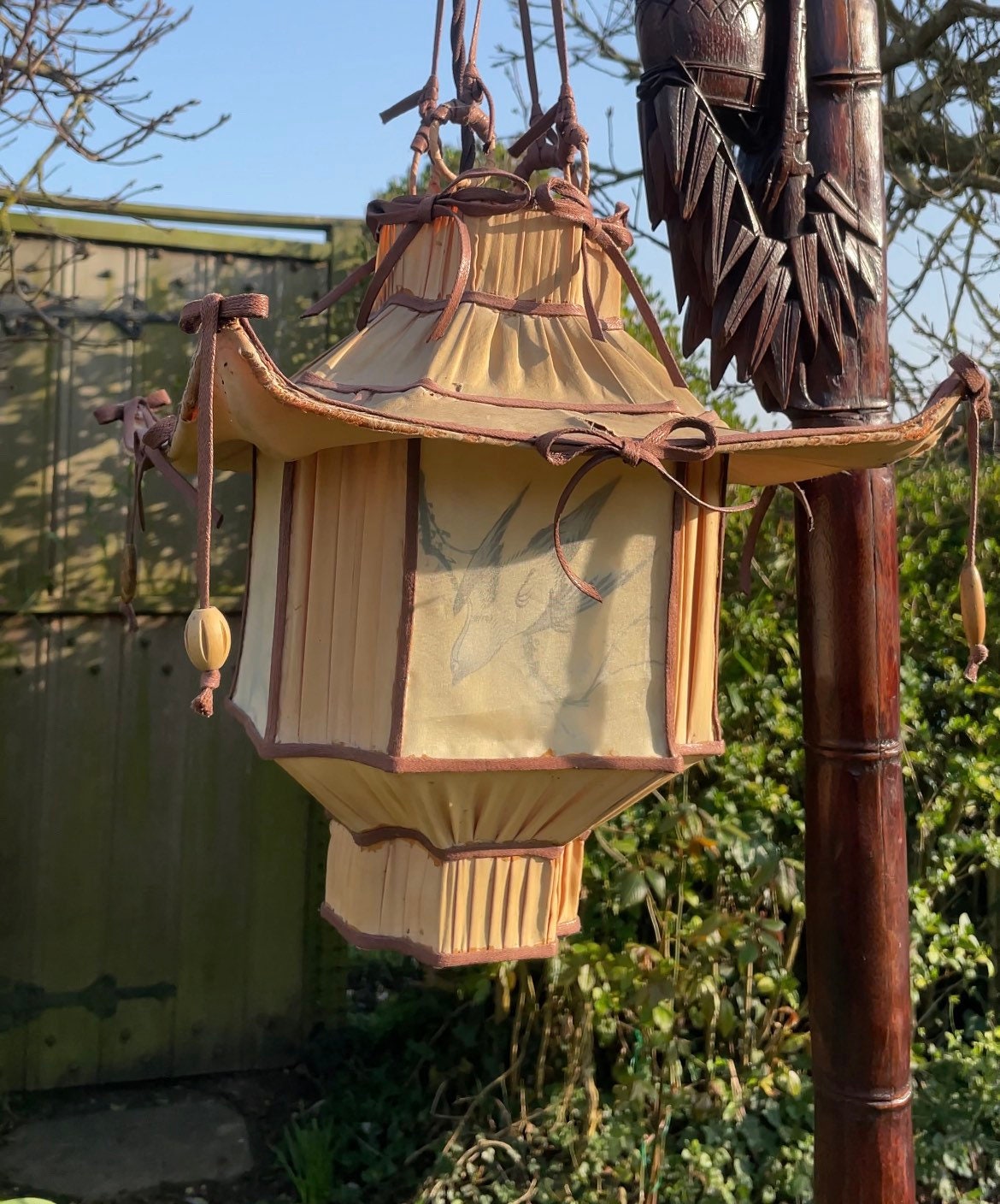 Antique Chinese Carved Hardwood Standard Bird Lamp With Original Silk Pedoga Shade 1920's