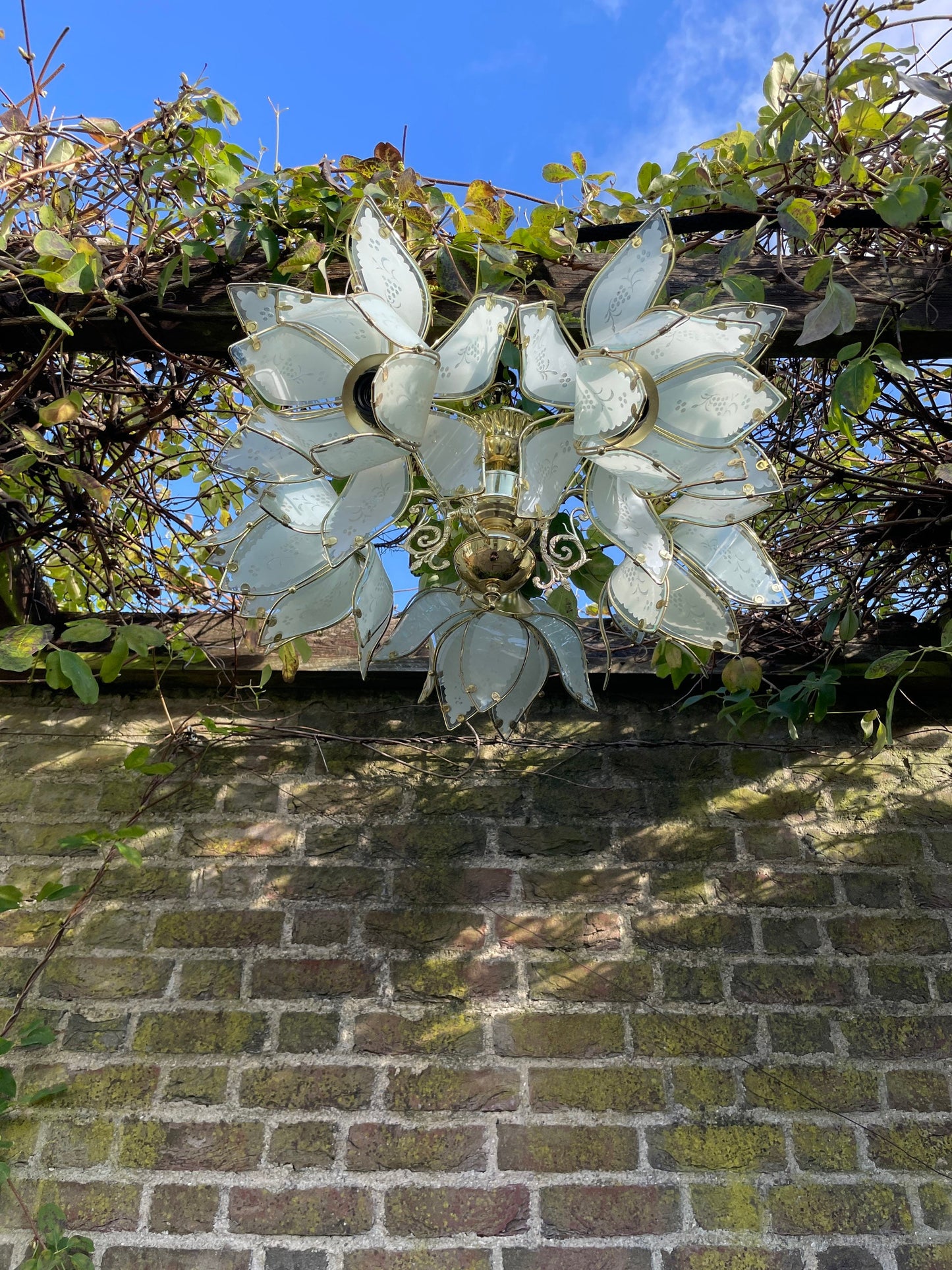 Mid Century Modern Vintage Hollywood Regency Lotus Lamp Large White/Light green glass etched Chandelier