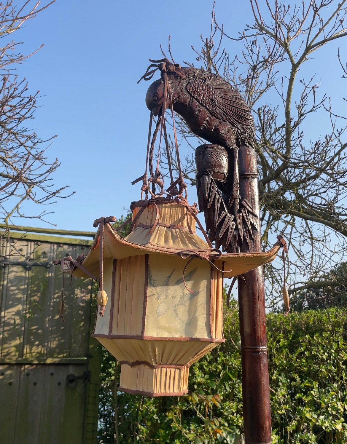 Antique Chinese Carved Hardwood Standard Bird Lamp With Original Silk Pedoga Shade 1920's