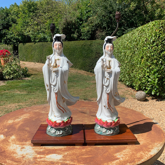 Hollywood Regency Chinese Guan Yin porcelain lamps