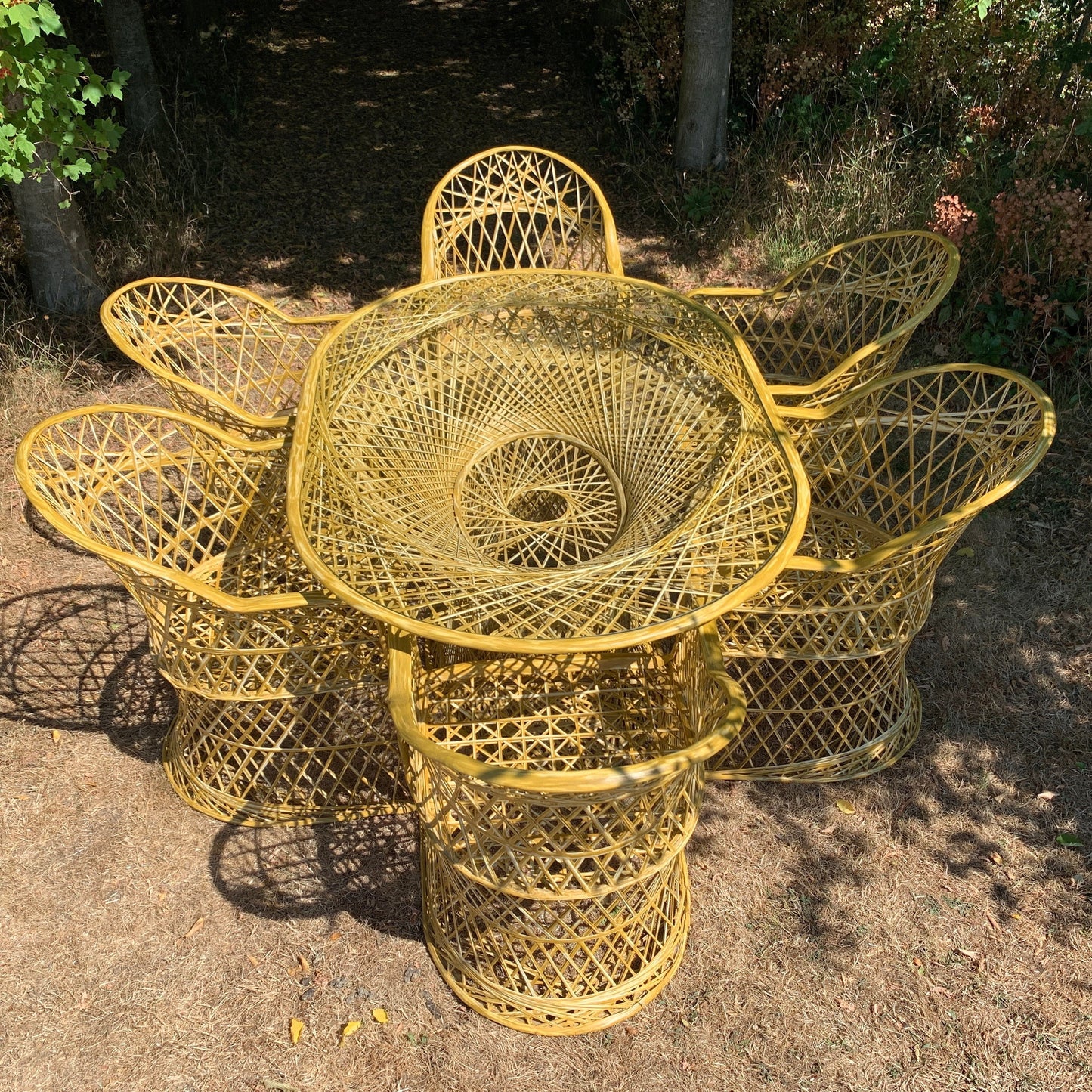 ***Reserved for Lucinda George price includes delivery ****Mid Century Modern Hollywood Regency Bamboo Effect Spun Fibreglass Garden Dining Set