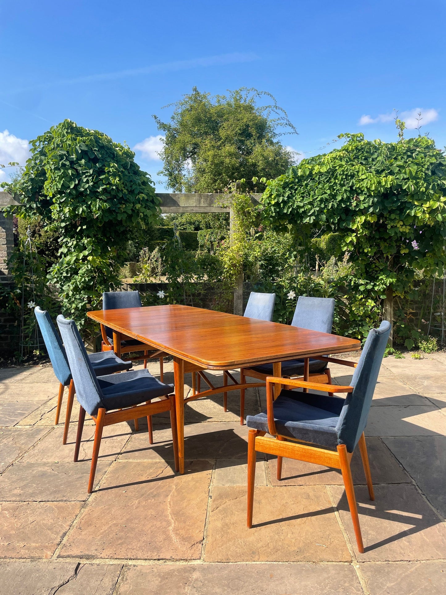 For Leah*** remaining amount, including taxes for fabric import, Teak Dining Suite by Robert Heritage for Archie Shine Comprising of a Hamilton Dining Table and 6 Hamilton Chairs Mid Century Modern 1950's
