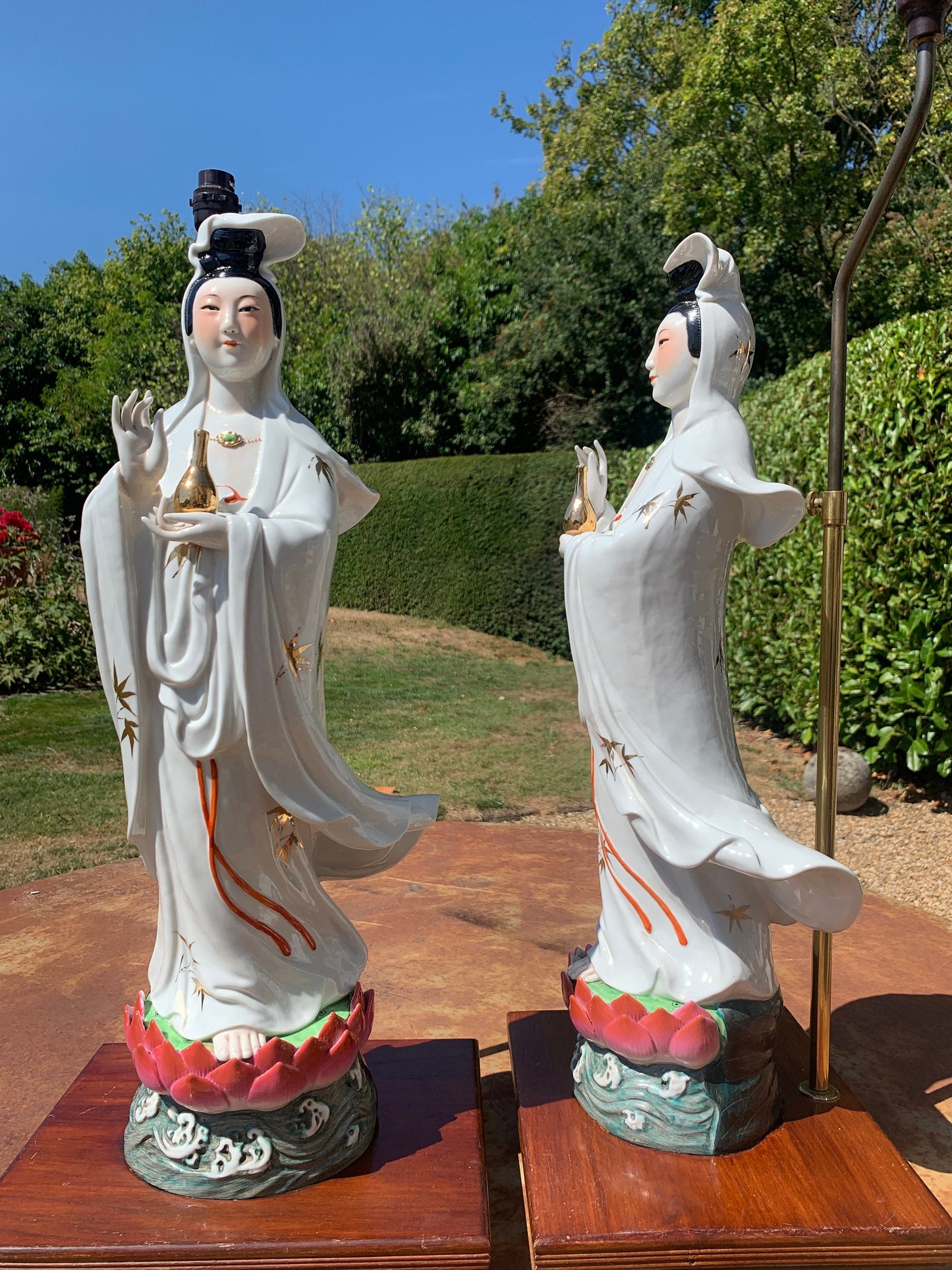 Hollywood Regency Chinese Guan Yin porcelain lamps