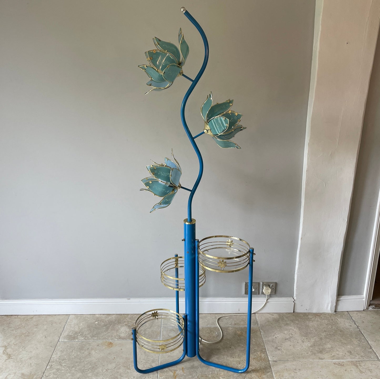 Mid Century Modern Vintage Hollywood Regency Blue Glass Lotus Flower Floor Lamp With Shelves