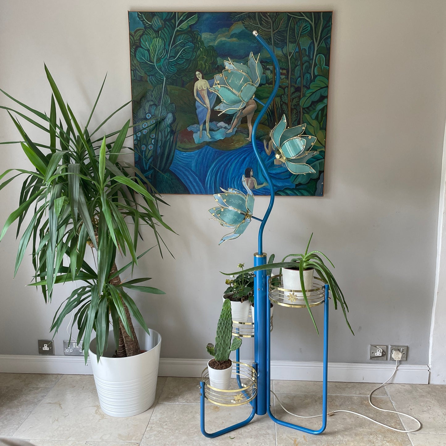 Mid Century Modern Vintage Hollywood Regency Blue Glass Lotus Flower Floor Lamp With Shelves