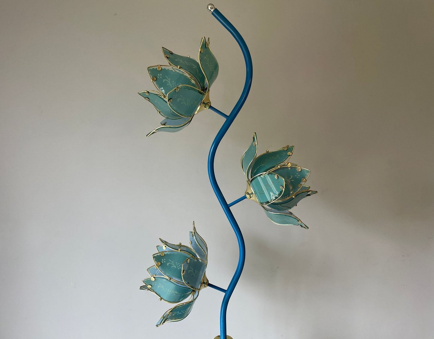 Mid Century Modern Vintage Hollywood Regency Blue Glass Lotus Flower Floor Lamp With Shelves