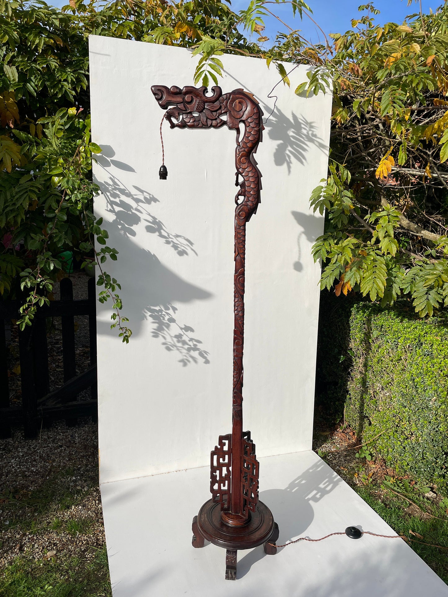 Antique Hand Carved Hardwood Oriental Dragon Floor Lamp 1920's