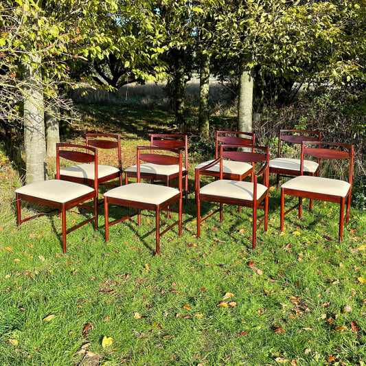 Set of 8 Rosewood Mcintosh Dining Chairs by Tom Robertson With One Carvers With New Reupholstery Mid Century Modern 1960/70s