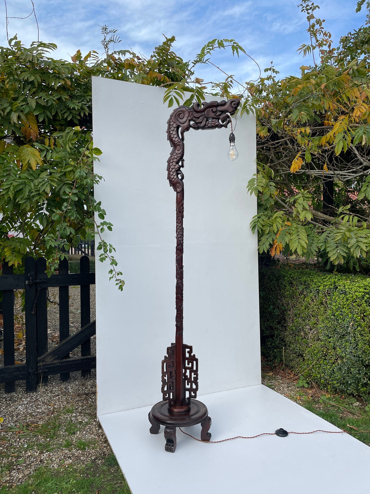Antique Hand Carved Hardwood Oriental Dragon Floor Lamp 1920's