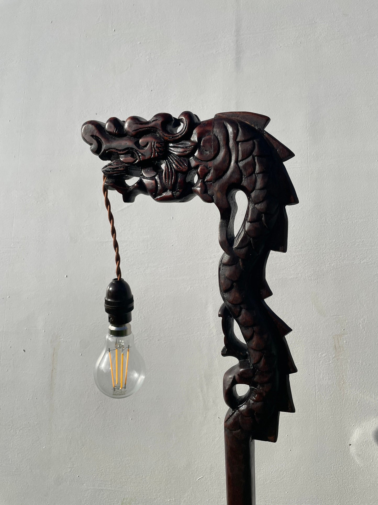 Antique Hand Carved Hardwood Oriental Dragon Table Lamp 1920's