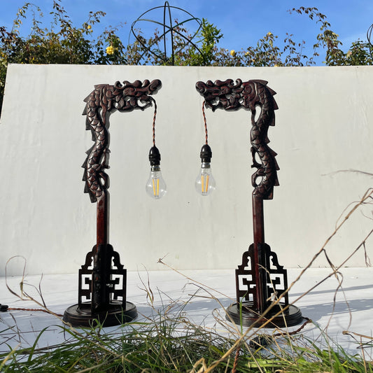 A Pair Of Antique Hand Carved Hardwood Oriental Dragon Table Lamps 1920's