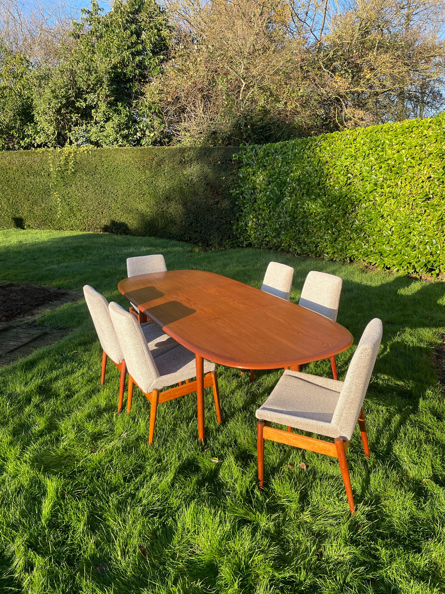 For Peg*** Deposits for Exceptionally Elegant Mid Century Modern Danish Teak Dining Table by Elsteds Agerbaek, 8 Archie shine chairs, crate and shipping