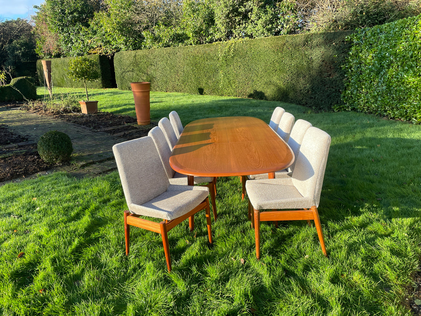 For Peg*** Deposits for Exceptionally Elegant Mid Century Modern Danish Teak Dining Table by Elsteds Agerbaek, 8 Archie shine chairs, crate and shipping