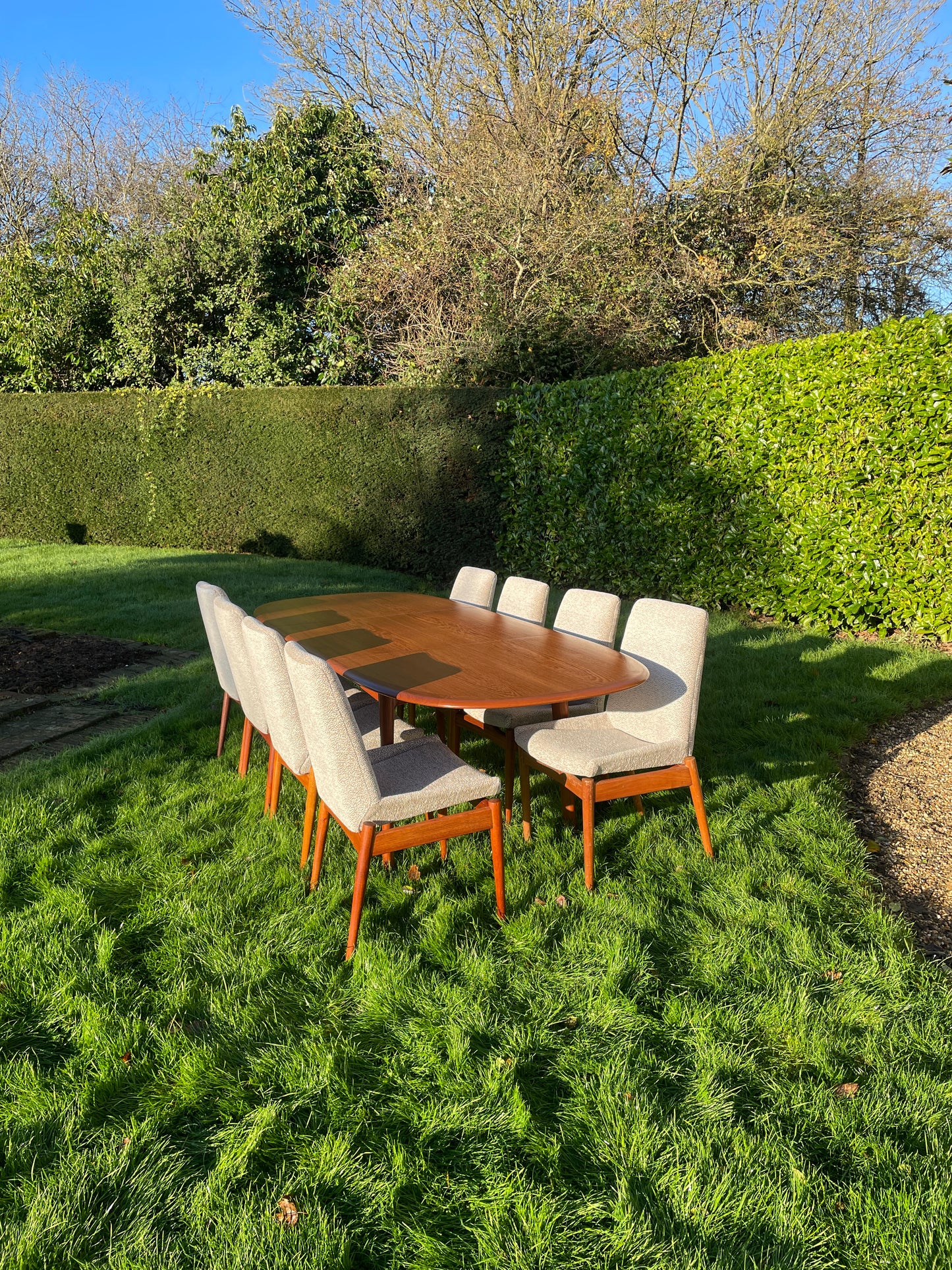 For Peg*** Deposits for Exceptionally Elegant Mid Century Modern Danish Teak Dining Table by Elsteds Agerbaek, 8 Archie shine chairs, crate and shipping