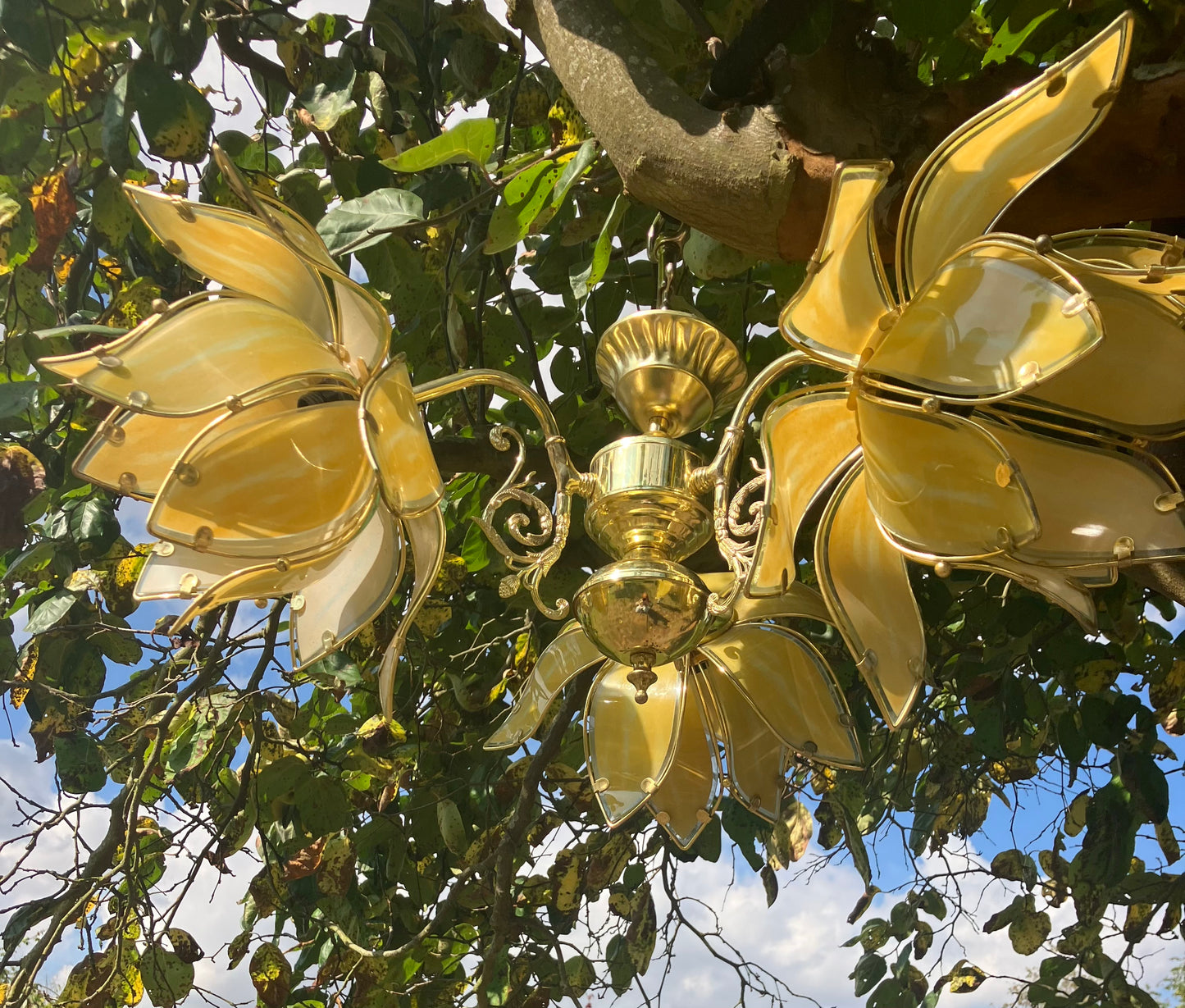 Mid Century Modern Vintage Hollywood Regency Lotus Lamp Large Yellow glass etched Chandelier