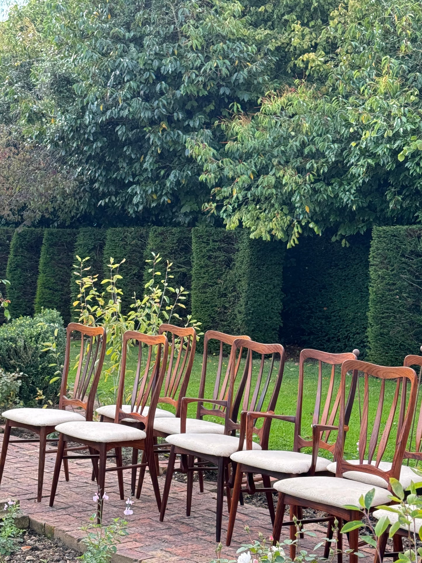 Mid Century Danish Rosewood Set Of Ten Danish Teak ‘Ingrid’ Dining Chairs By Niels Koefoed. Pending A10 certificate