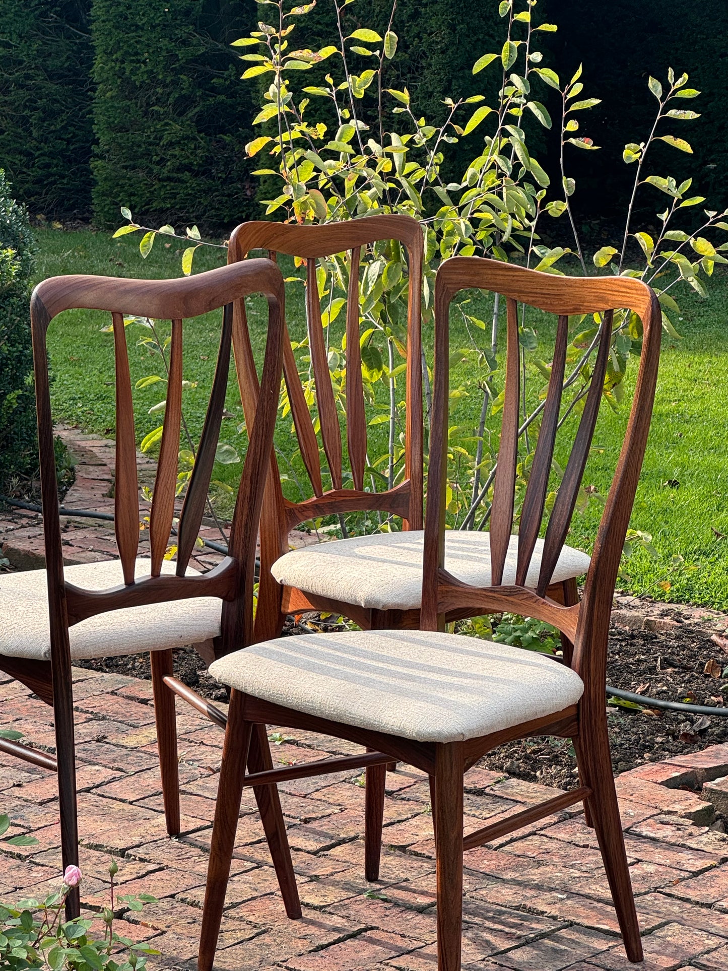 Mid Century Danish Rosewood Set Of Ten Danish Teak ‘Ingrid’ Dining Chairs By Niels Koefoed. Pending A10 certificate