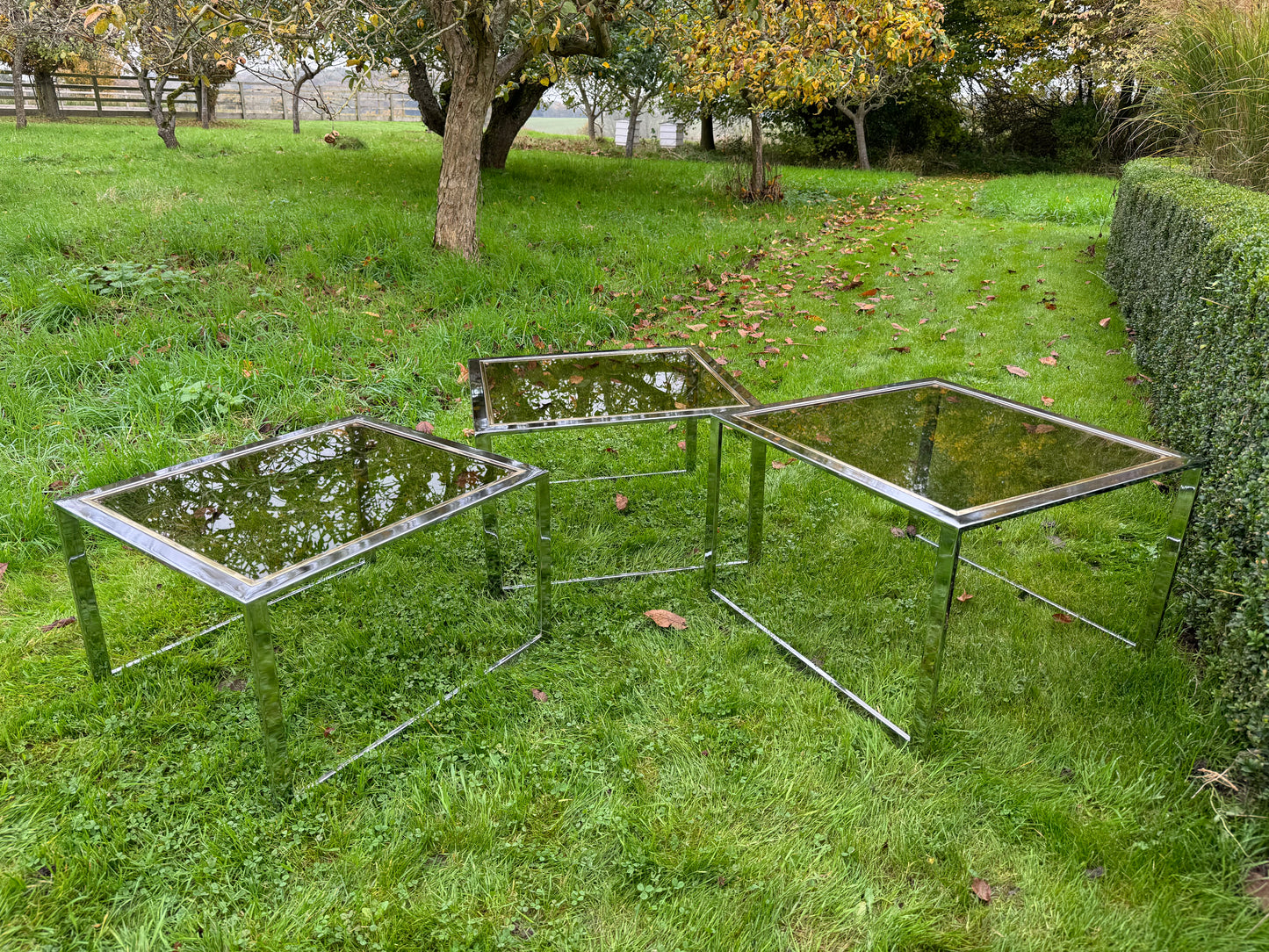 Milo Baughman Mid Century Modern Nest of Three Chrome and Glass Tables