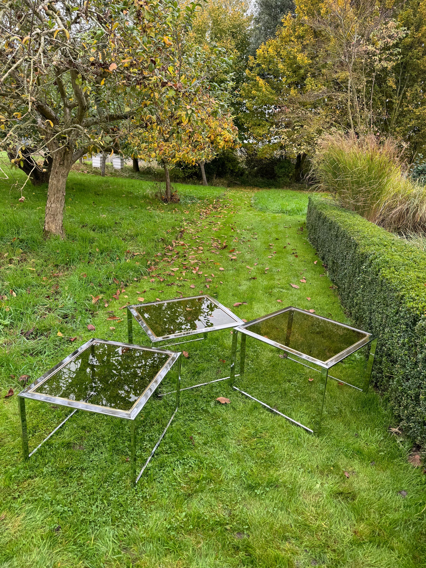 Milo Baughman Mid Century Modern Nest of Three Chrome and Glass Tables