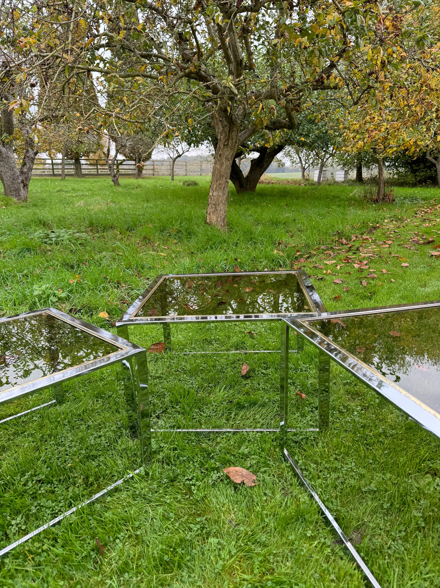 Milo Baughman Mid Century Modern Nest of Three Chrome and Glass Tables