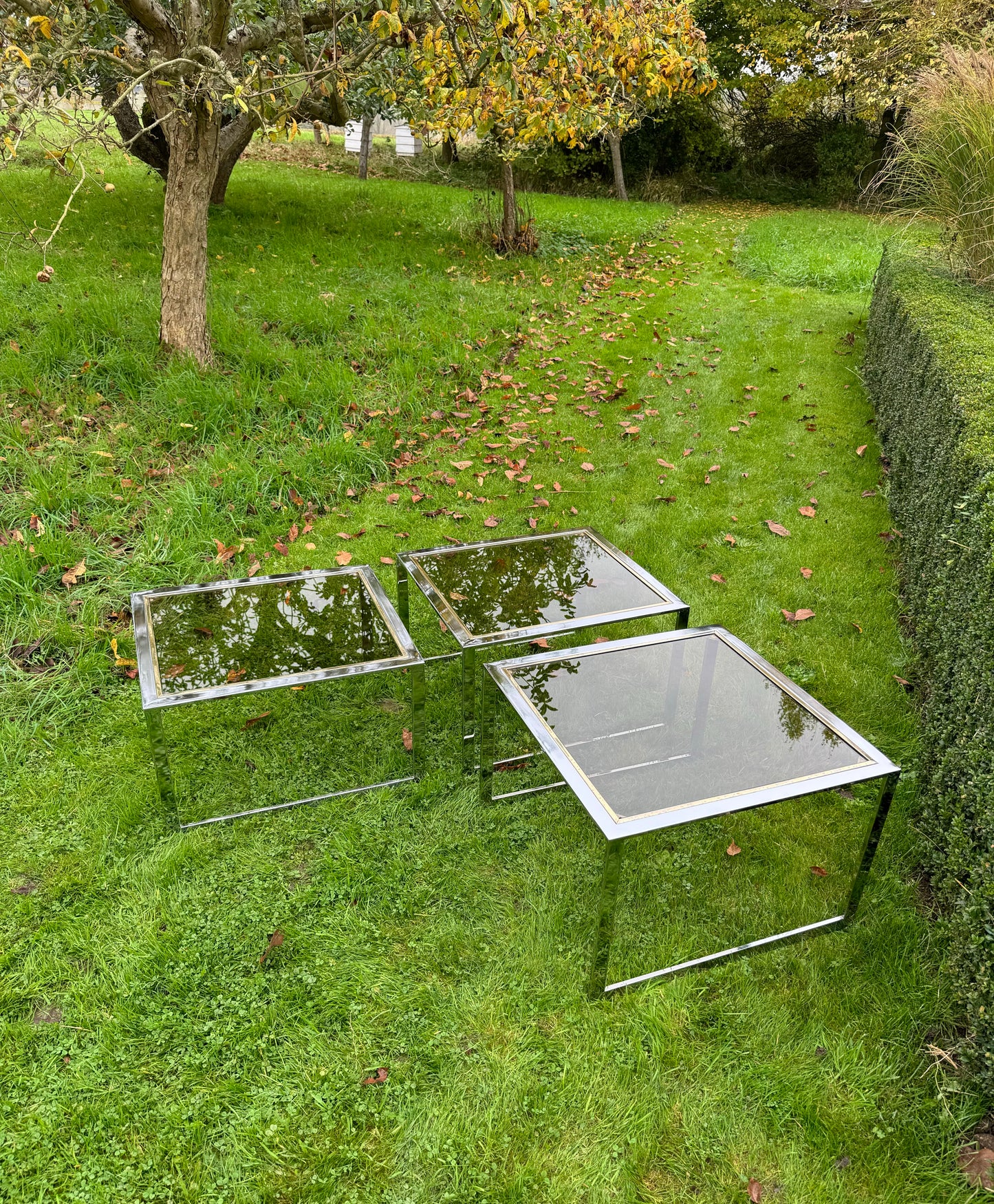 Milo Baughman Mid Century Modern Nest of Three Chrome and Glass Tables