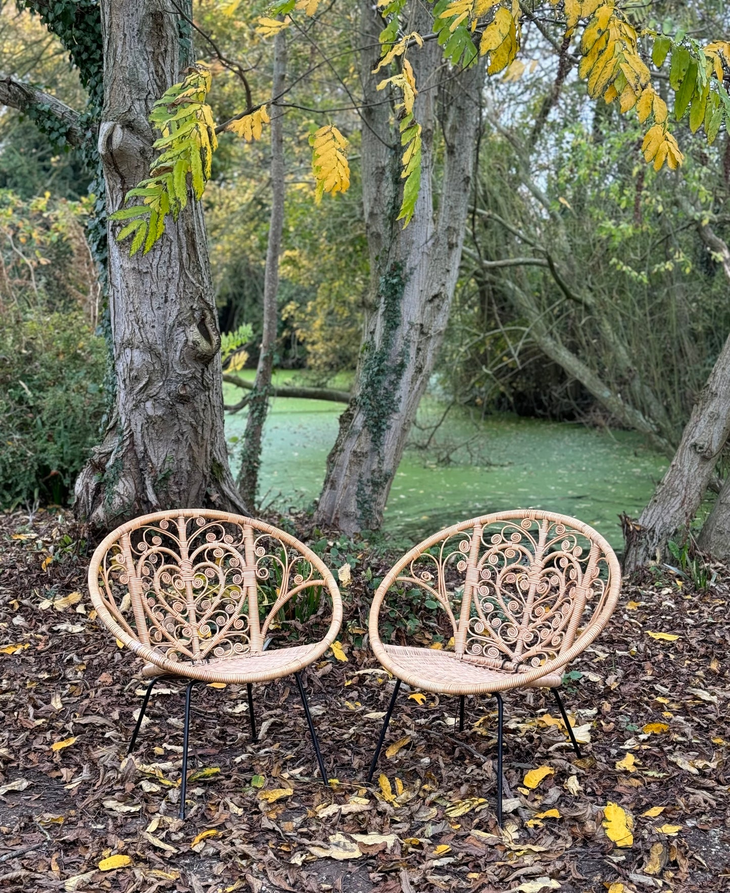 Set Of Two Mid Century Modern Hollywood Regency Wicker Indoor /Outdoor Chairs With Heart Detail