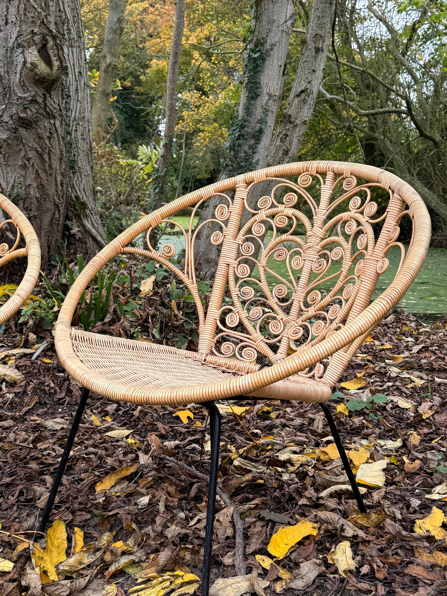 Set Of Two Mid Century Modern Hollywood Regency Wicker Indoor /Outdoor Chairs With Heart Detail