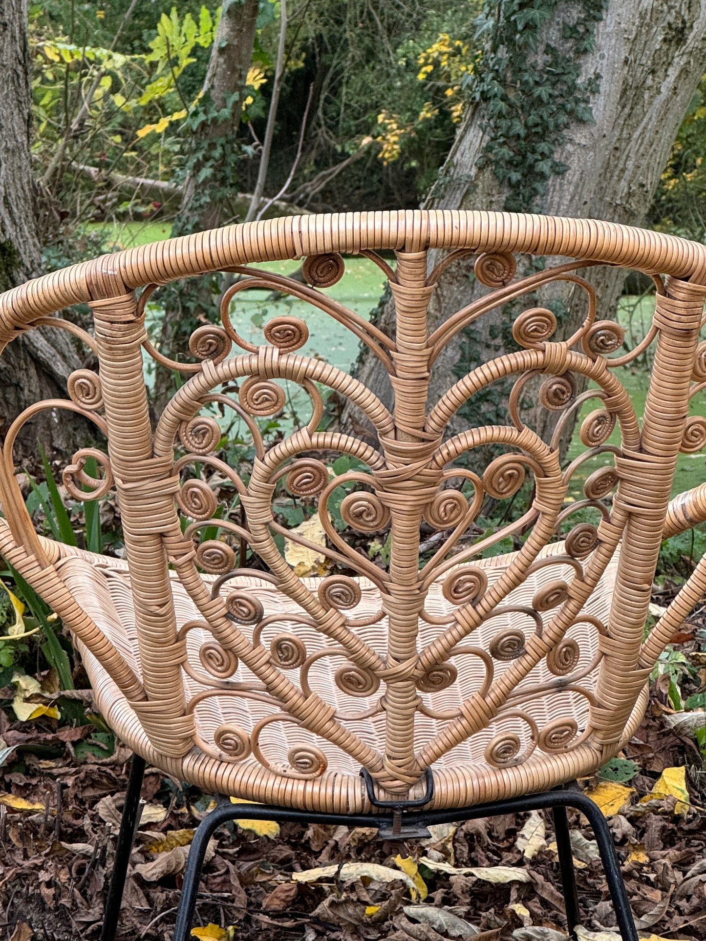 Set Of Two Mid Century Modern Hollywood Regency Wicker Indoor /Outdoor Chairs With Heart Detail