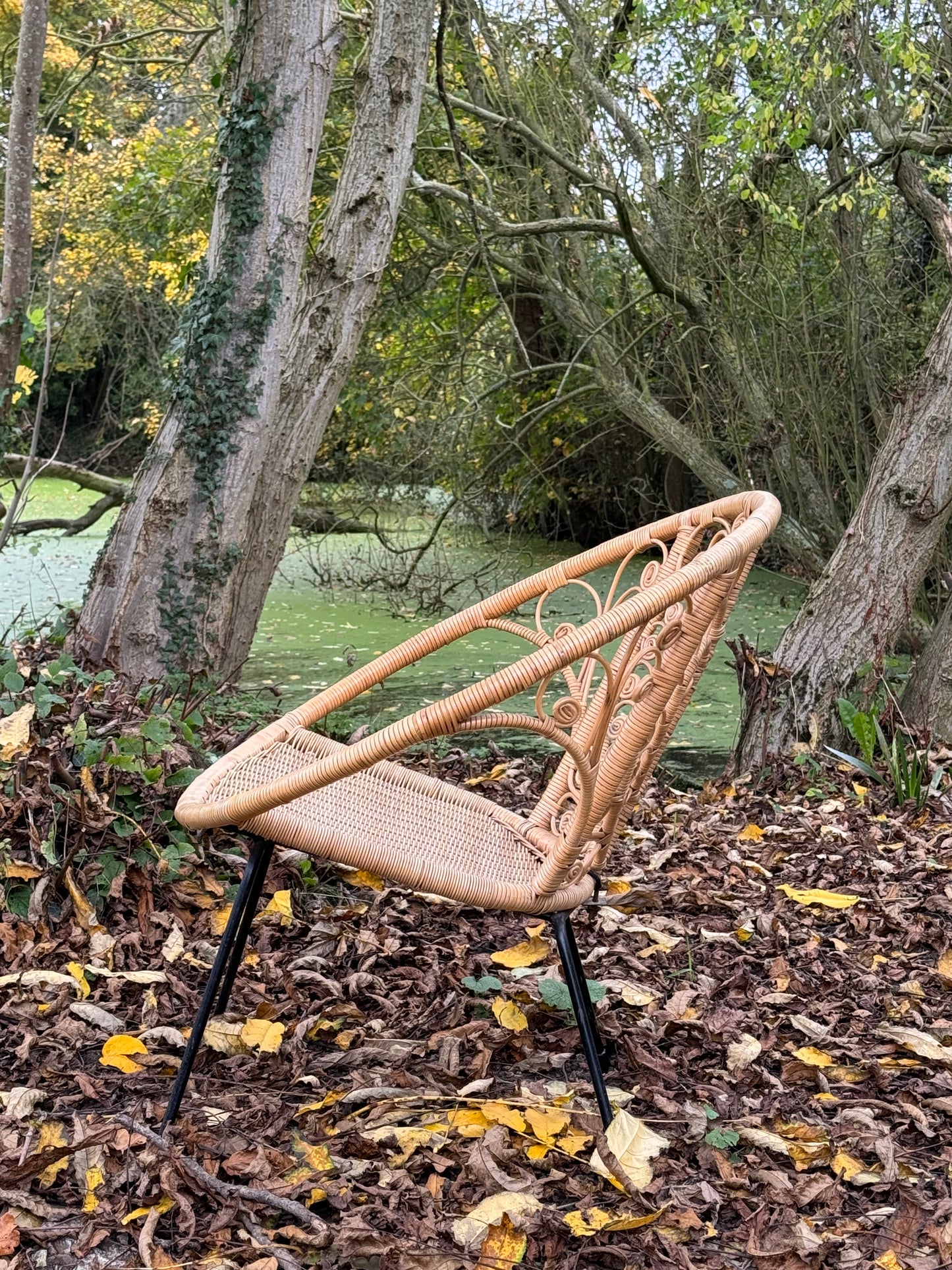 Set Of Two Mid Century Modern Hollywood Regency Wicker Indoor /Outdoor Chairs With Heart Detail