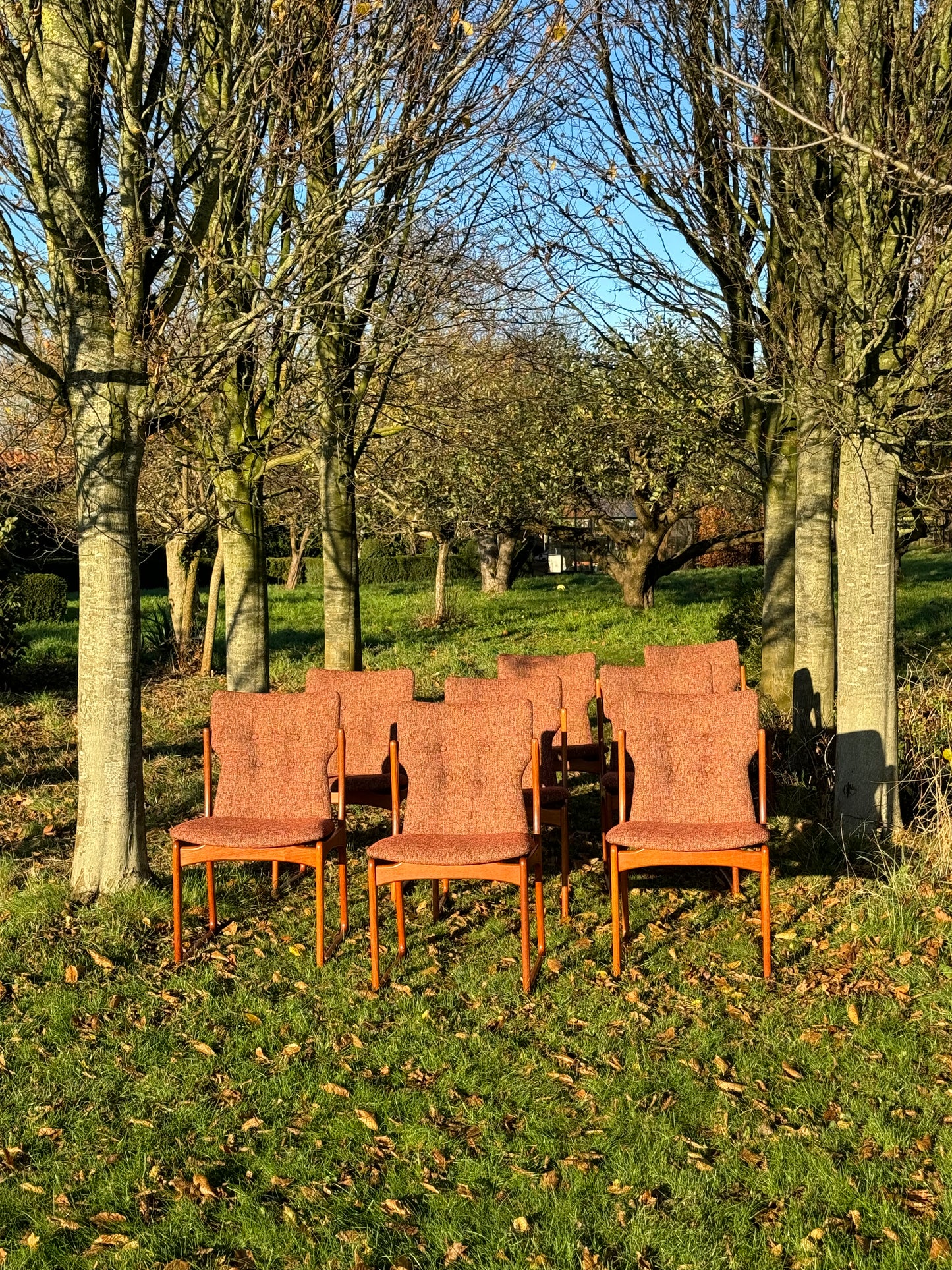 Mid Century Danish Teak Upholstered Set Of Eight Dining Chairs By Vamdrup Stolefabrik 1960