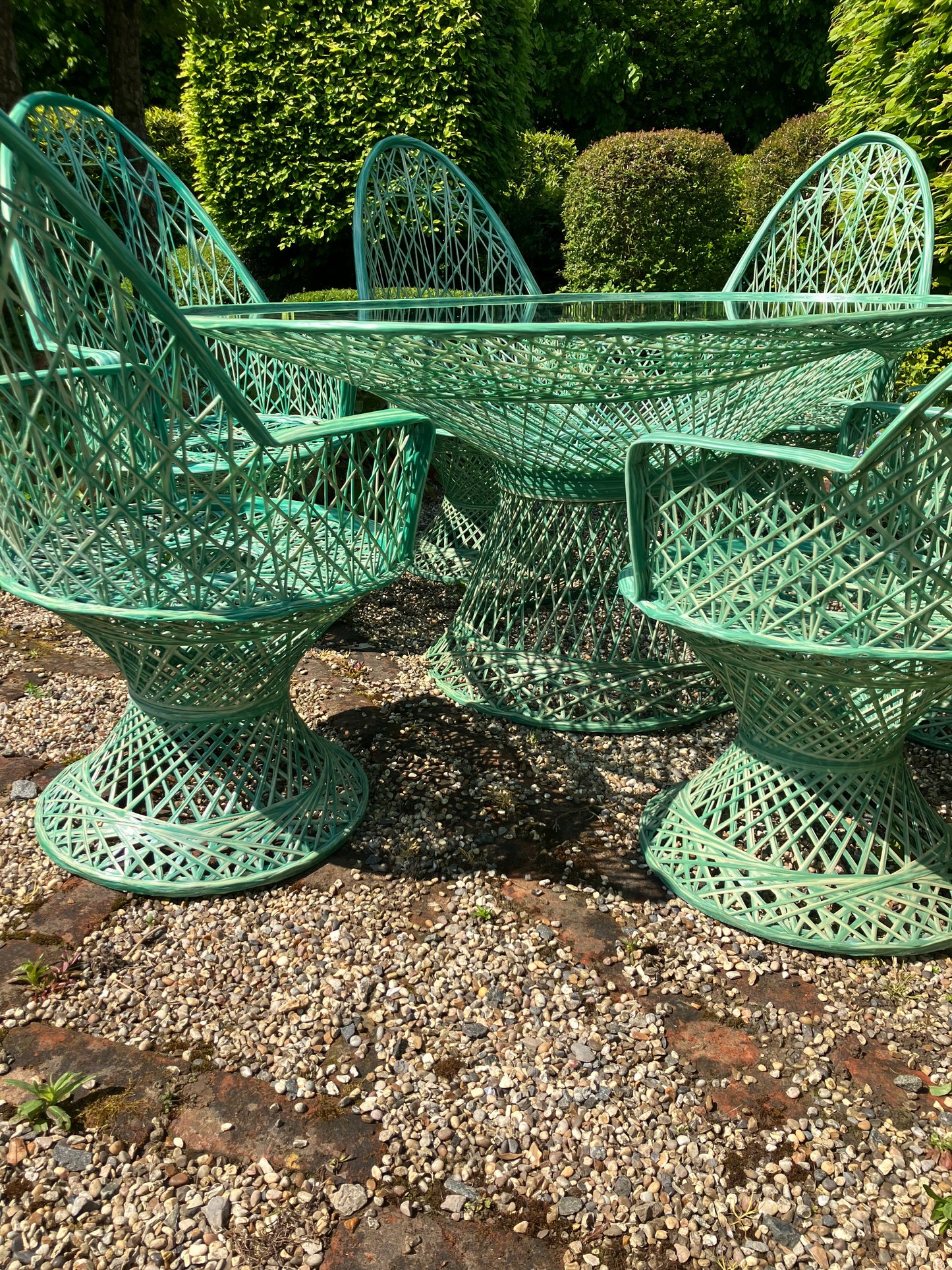 Mid Century Modern Hollywood Regency Rattan Garden Dining Set by Russell Woodard