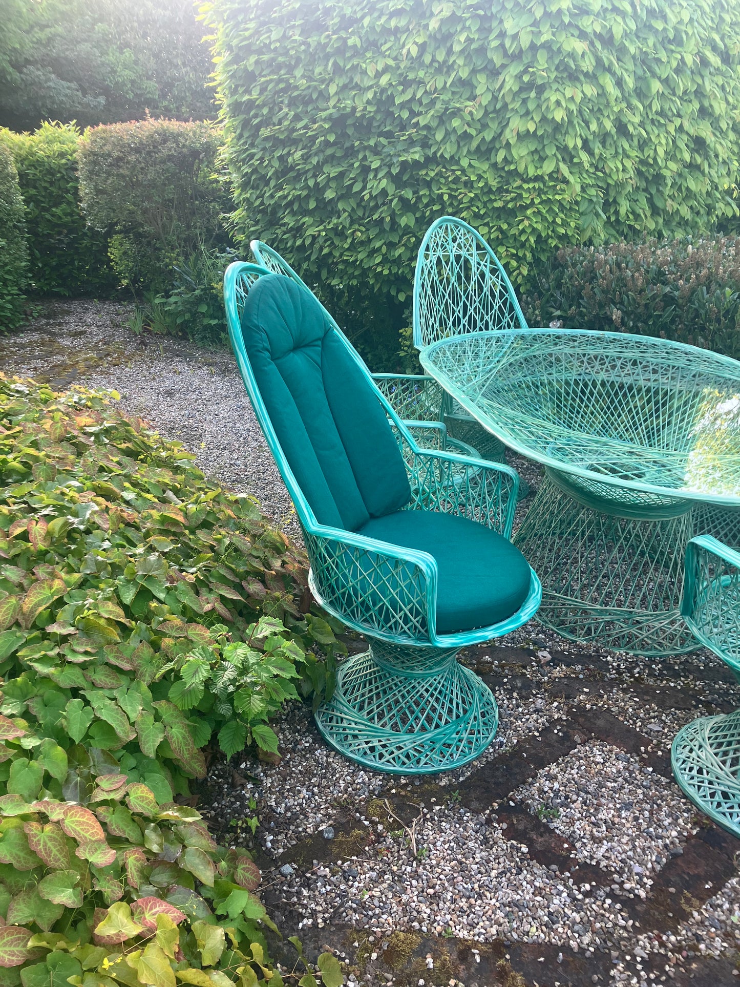 Mid Century Modern Hollywood Regency Rattan Garden Dining Set by Russell Woodard