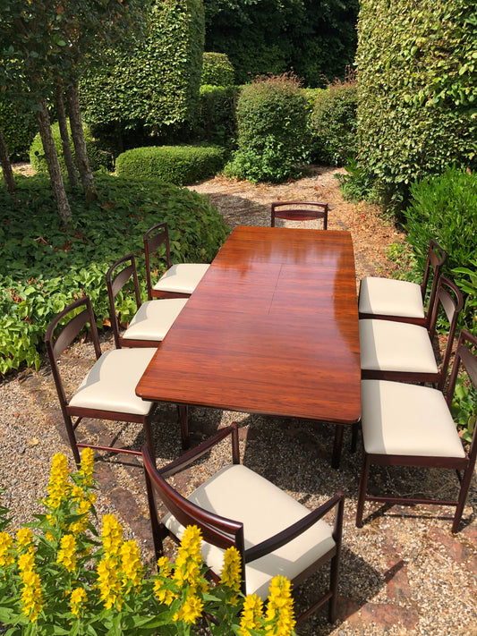 Mid Century Modern Mcintosh Rosewood Dining Table and Set of 8 Dining Chairs by Tom Robertson, 1960s - Pending A10 certificate