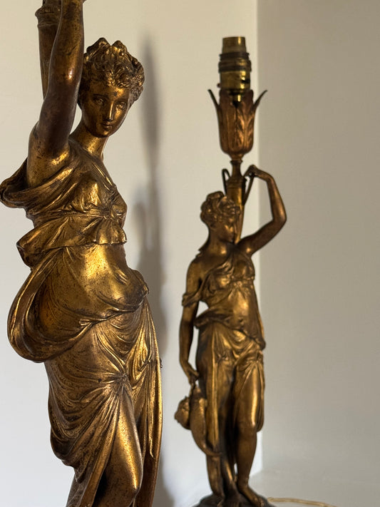 Antique French Gilt Metal Table Lamps: Classical Maiden Design, 1890s