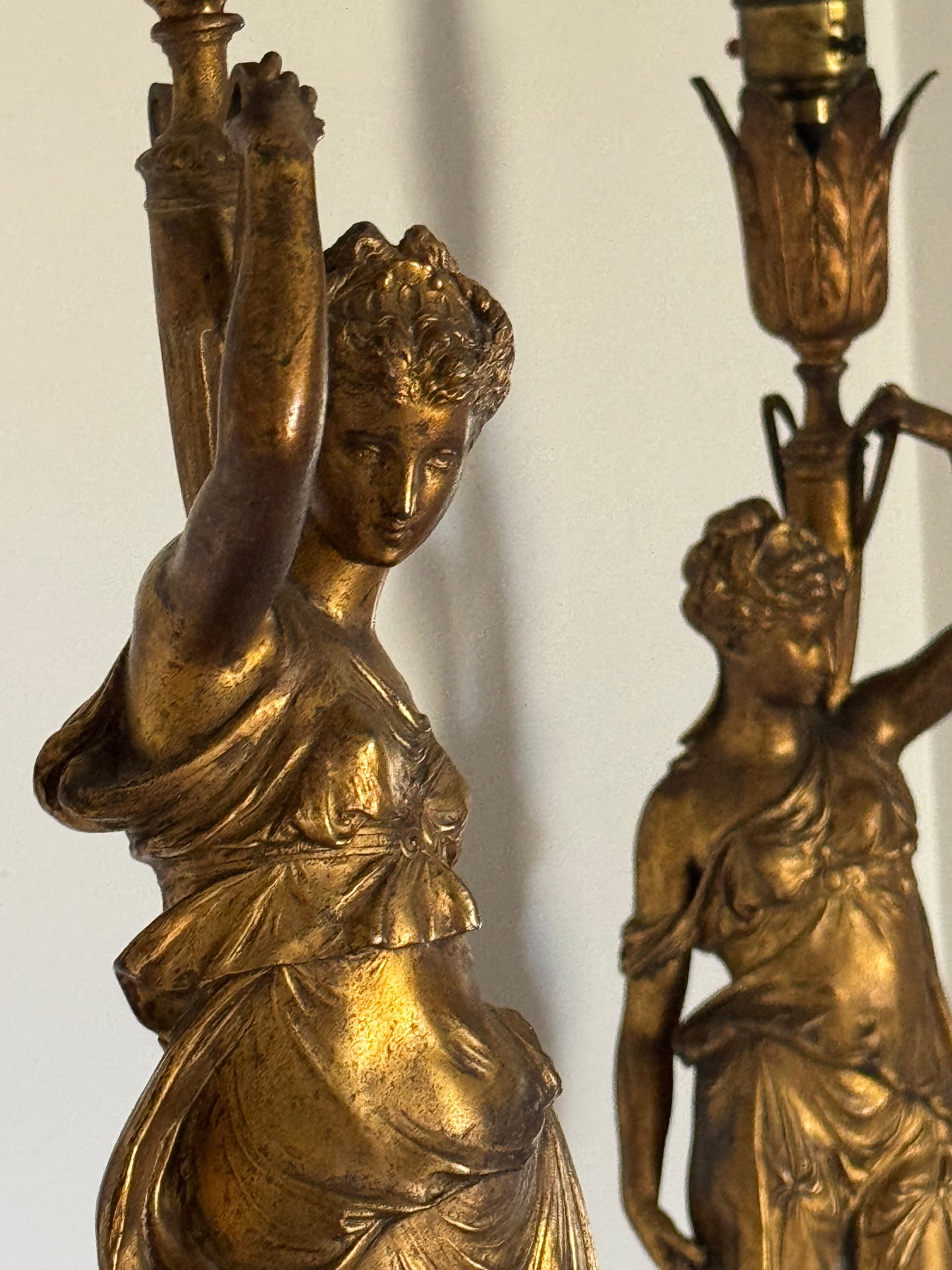 Antique French Gilt Metal Table Lamps: Classical Maiden Design, 1890s