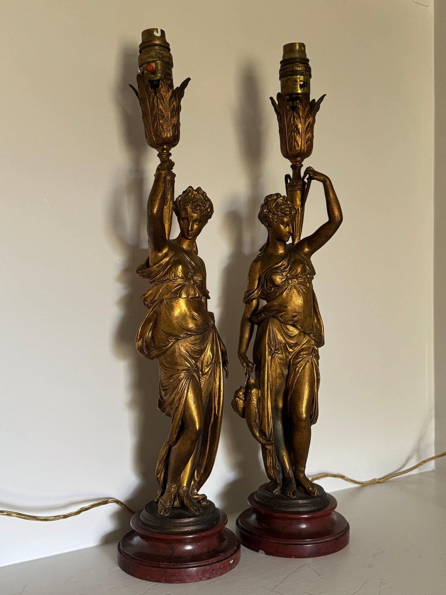 Antique French Gilt Metal Table Lamps: Classical Maiden Design, 1890s