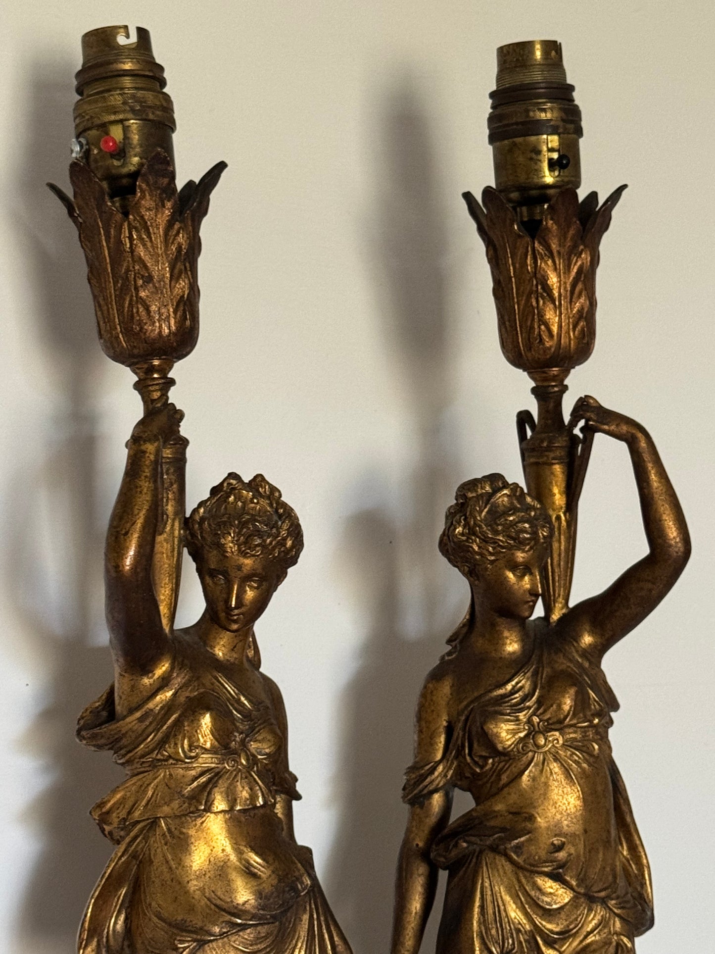 Antique French Gilt Metal Table Lamps: Classical Maiden Design, 1890s