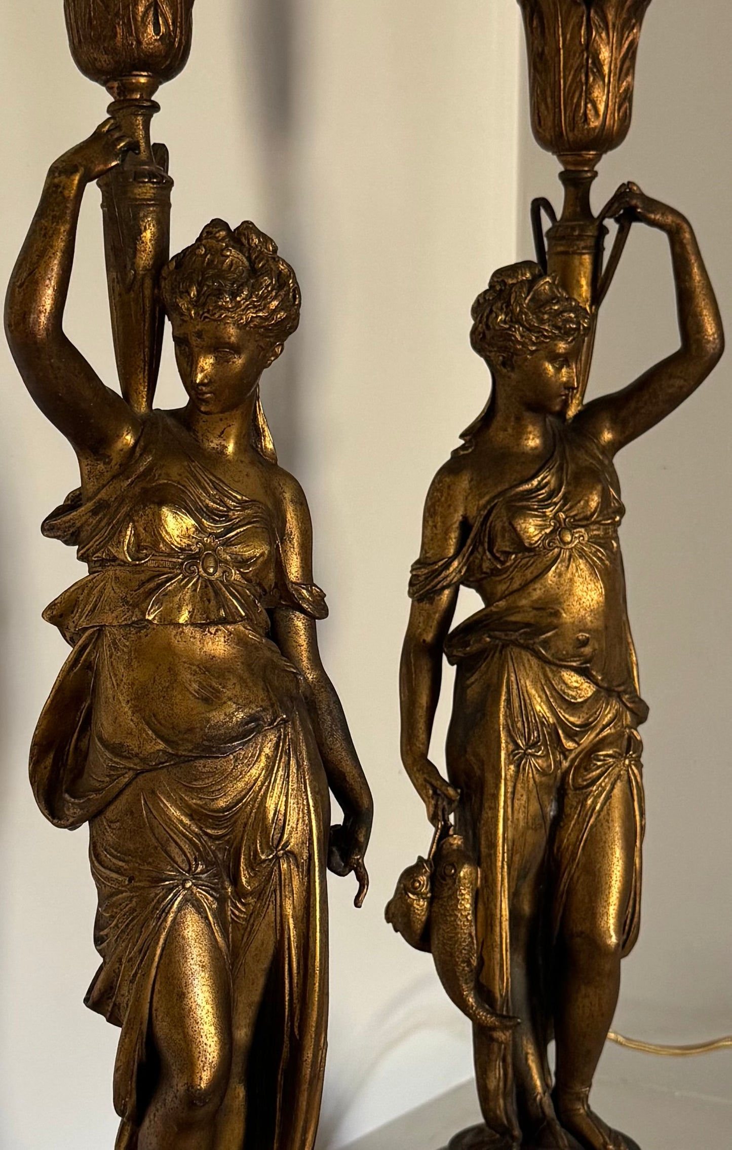 Antique French Gilt Metal Table Lamps: Classical Maiden Design, 1890s