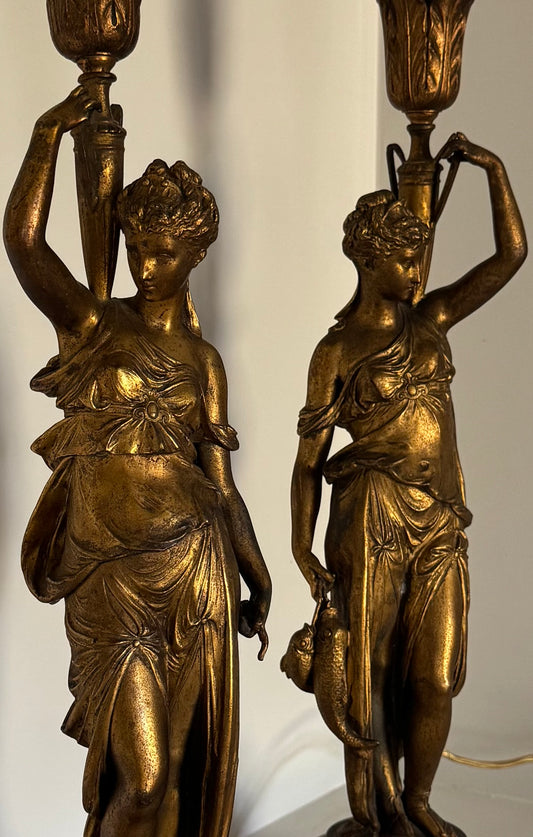 Antique French Gilt Metal Table Lamps: Classical Maiden Design, 1890s