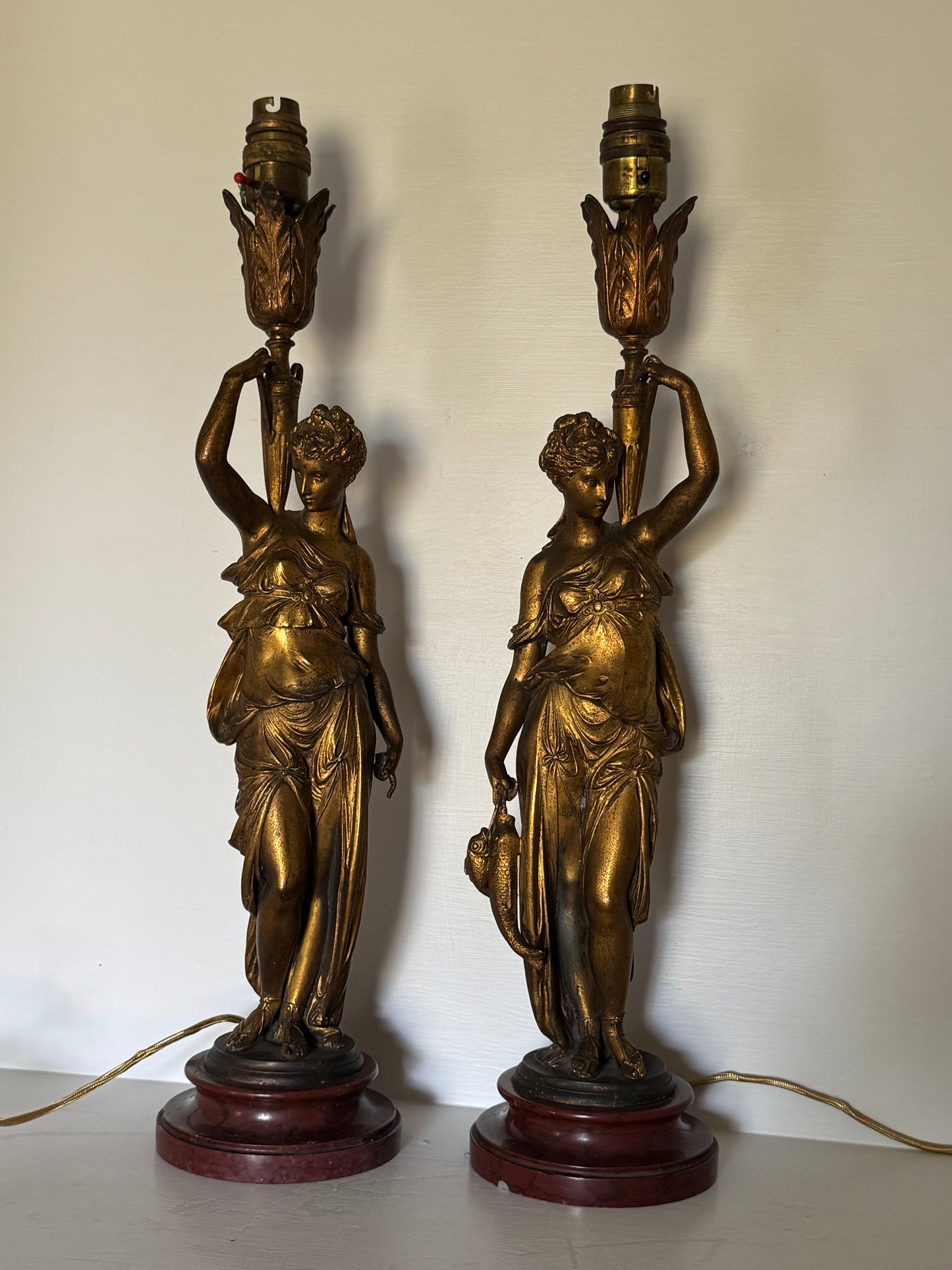 Antique French Gilt Metal Table Lamps: Classical Maiden Design, 1890s