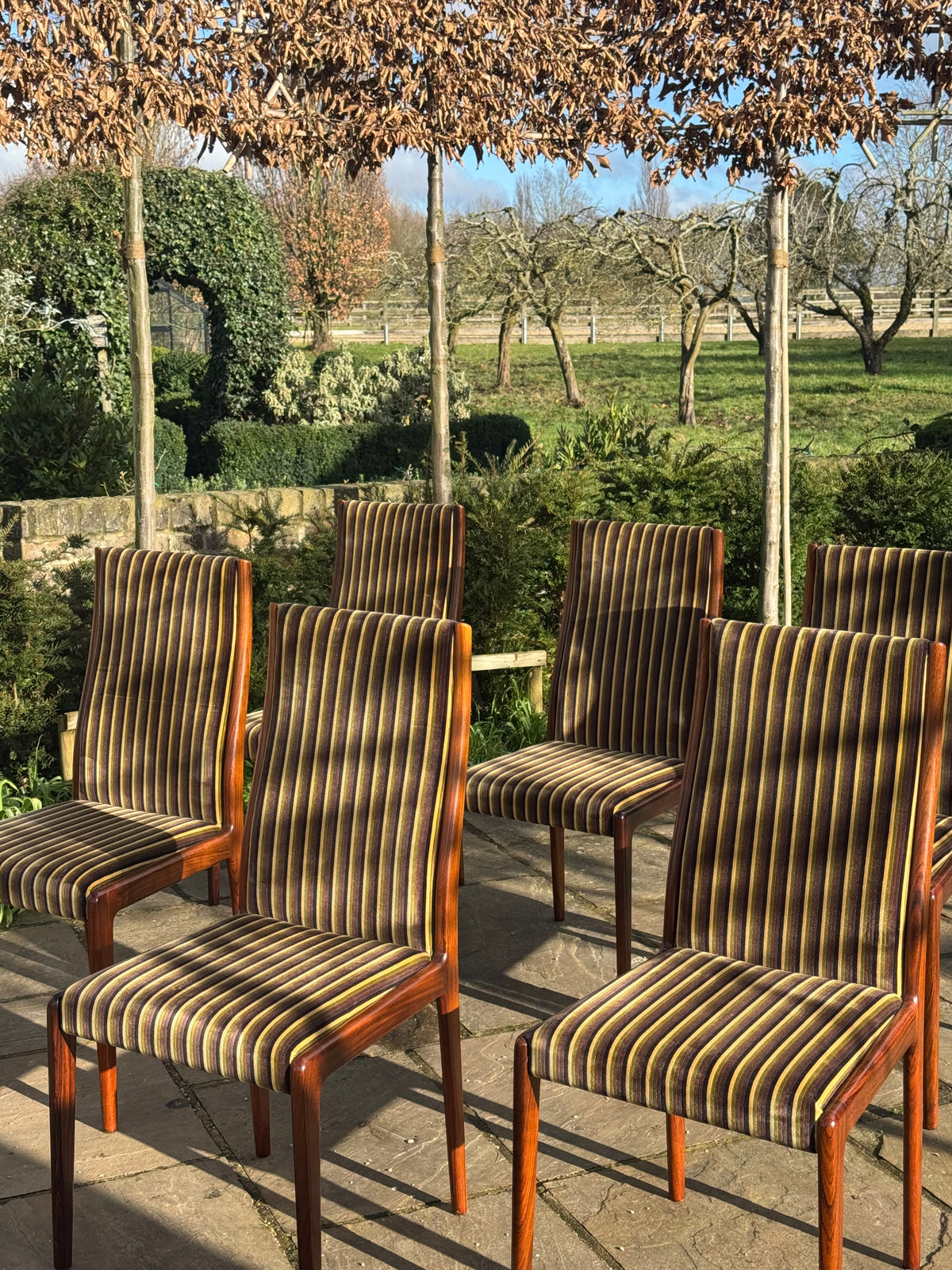 For Kyle**price includes shipping,crate,CITES and tariffs **Set of eight Rosewood dining chairs by Robert Heritage for Archie Shine 1970.