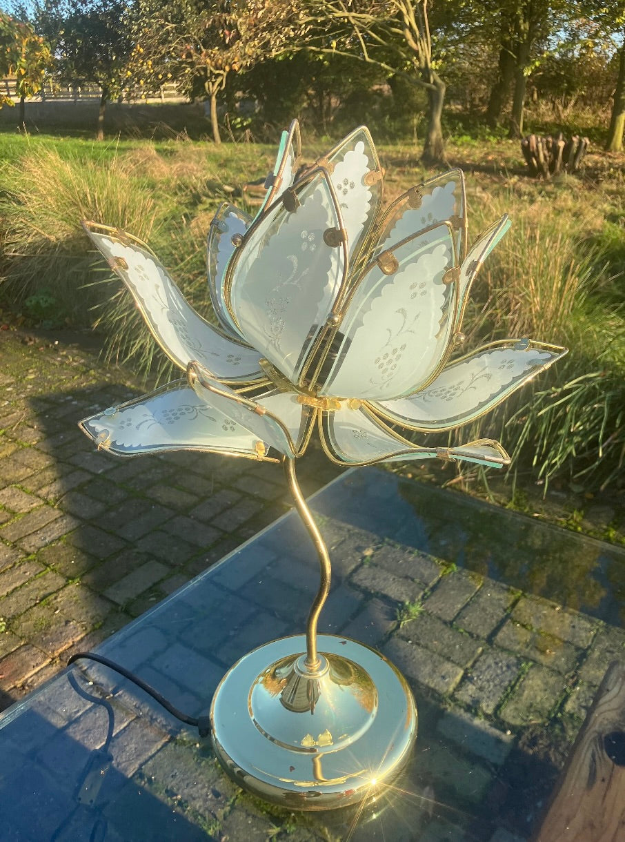 Mid Century Modern Vintage Hollywood Regency White Glass Lotus Flower Table Lamp With A Slight Green Tinge