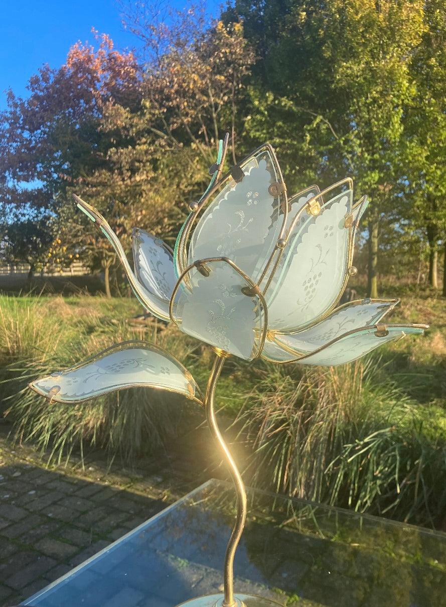 Mid Century Modern Vintage Hollywood Regency White Glass Lotus Flower Table Lamp With A Slight Green Tinge