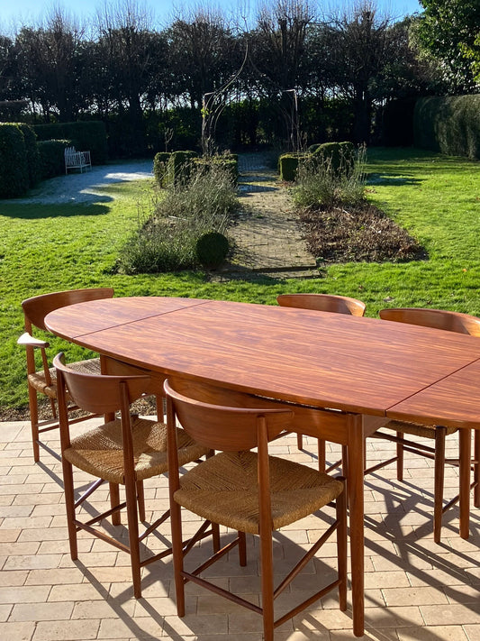 Mid Century Modern Teak Dining Set Comprising of a Chair Set by Perter Hvidt and Orla Mølgaard Nielsen and a Scandinavian Teak Table