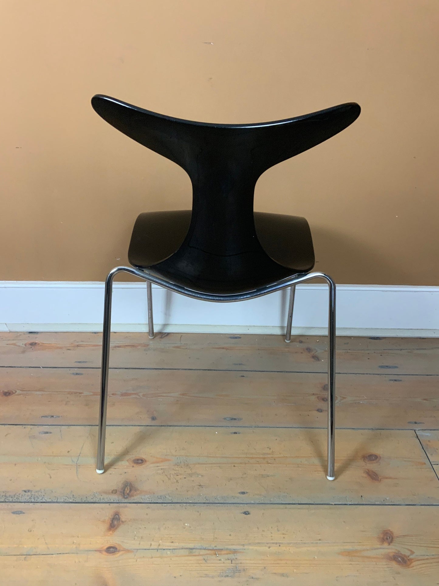 Contemporary 1980s Black Plastic and Chrome Dolphin Tail Indoor/Outdoor Dining Chairs