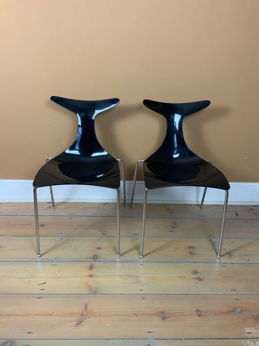 Contemporary 1980s Black Plastic and Chrome Dolphin Tail Indoor/Outdoor Dining Chairs