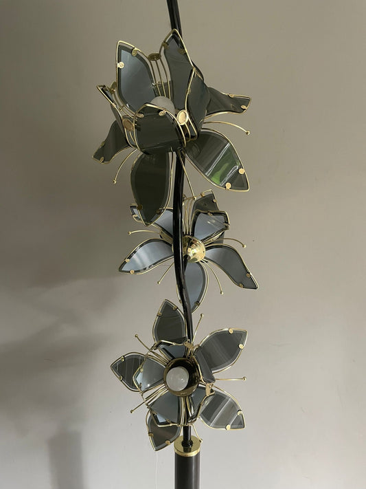 Reserved for Doris Ganserer Mid Century Modern Vintage Hollywood Regency Black Glass Lotus Flower Floor Lamp
