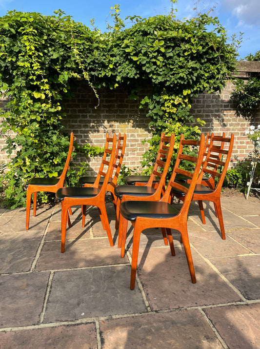 Reserved for Manuela ***Mid Century Modern 1960s Teak Dining Chairs with Leatherette Seats by Kai Kristiansen for Korup Mobelfabrik