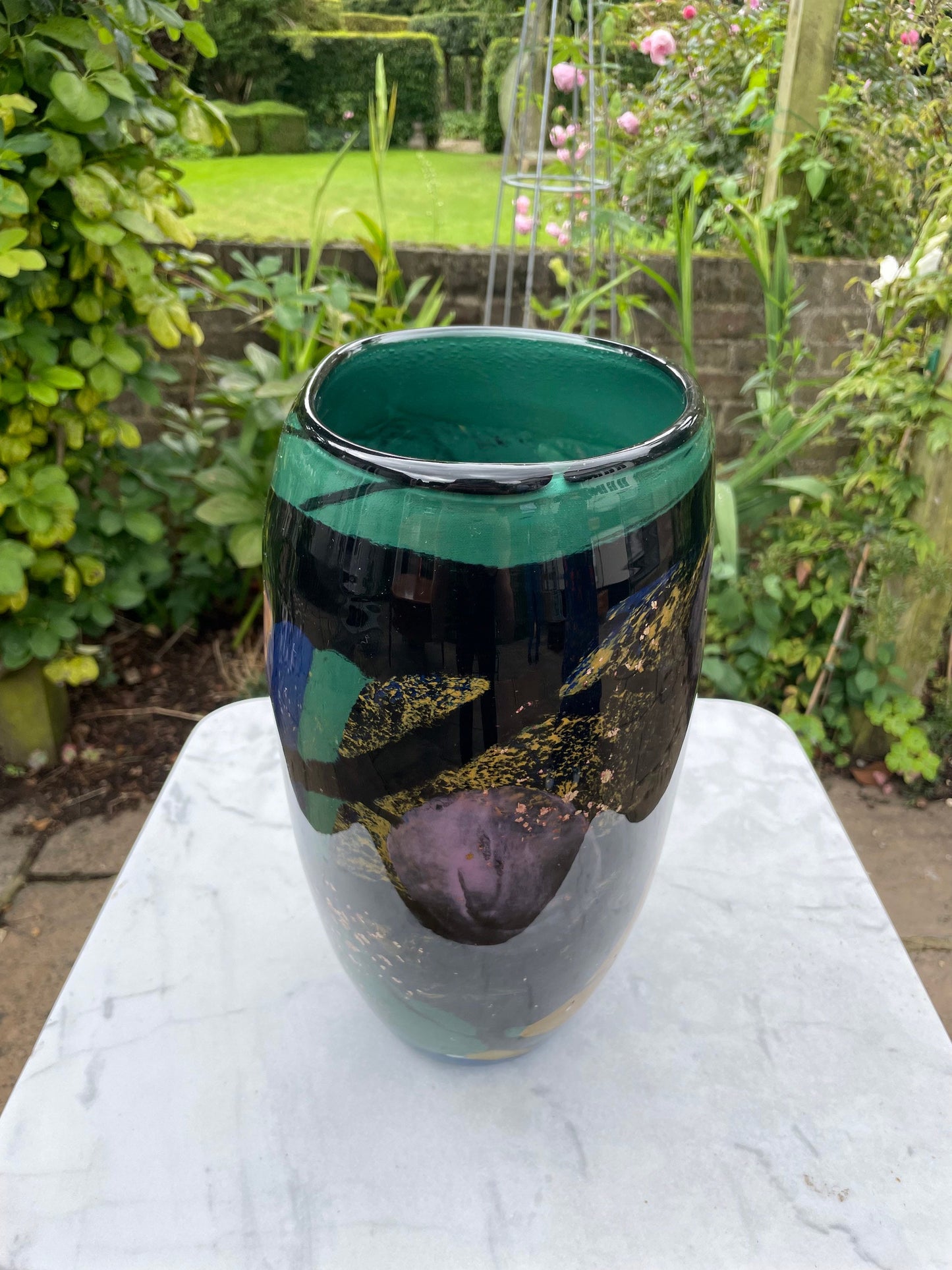 Beautiful  Large Vintage Blue, Grey and Black with gold leaf Decorative Vase Signed By Ioan Nemtoi